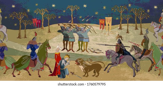 Medieval seamless patttern. Battle scene. Knights, cavalry, archers. Ancient book vector illustration. Middle Ages, parchment concept. Historical miniature art 