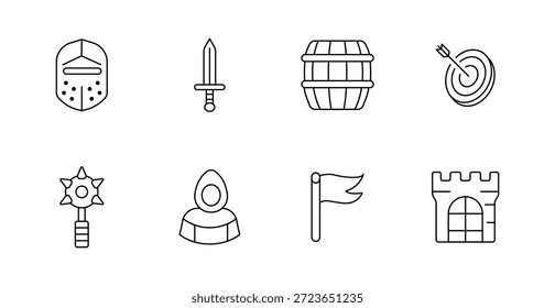 Icono de conjunto medieval. Casco, espada, barril, objetivo, maza, túnica, bandera de Anuncio, castillo renderizado en estilo de combate de fantasía de contorno mínimo.