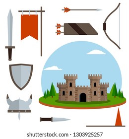 Medieval set of item. Old armor and knight weapons. European castle with tower shield, sword, red flag, tournament, arrow, bow, quiver, helmet of Viking. Historical subject. Cartoon flat illustration