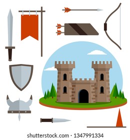 Medieval set of item. Old armor and knight weapons. European castle with tower shield, sword, red flag, tournament, arrow, bow, quiver, helmet of Viking. Historical subject. Cartoon flat illustration