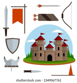 Medieval set of item. Old armor and knight weapons. European castle with tower shield, sword, red flag, tournament, arrow, bow, quiver, helmet of Viking. Historical subject. Cartoon flat illustration