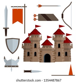 Medieval set of item. Old armor and knight weapons. European castle with tower, shield, sword, red flag, tournament, arrow, bow, quiver, helmet of Viking. Historical subject. Cartoon flat illustration