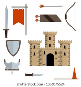 Medieval set of item. Old armor and knight weapons. European castle with tower, shield, sword, red flag, tournament, arrow, bow, quiver, helmet of Viking. Historical subject. Cartoon flat illustration