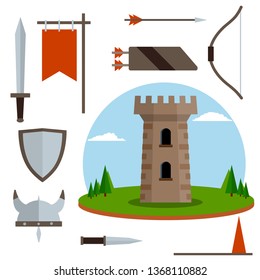 Medieval set of item. Old armor and knight weapons. European castle with tower, shield, sword, red flag, tournament, arrow, bow, quiver, helmet of Viking. Historical subject. Cartoon flat illustration