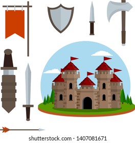 Medieval set of item. Old armor and knight weapons. European castle with tower, shield, sword, red flag, tournament, arrow, bow, quiver, helmet of Viking