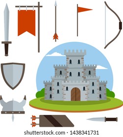 Medieval set of item. Old armor and knight weapons. European castle with tower, shield, sword, red flag, tournament, arrow, bow, quiver, helmet of Viking. Cartoon flat illustration. Historical subject