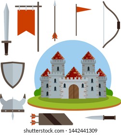 Medieval set of items. Old armor and knight weapons. European castle with tower, shield, sword, red flag, tournament, arrow, bow, quiver, helmet of Viking. Cartoon flat illustration. Historical subject