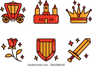 Medieval set of vector icons in gold and red colors