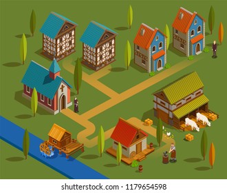 Medieval settlement architecture flat isometric composition with farm church forge buildings family houses water mill  vector illustration 