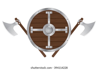 Medieval shield and axes. Ancient weapon. Vector illustration isolated on white background
