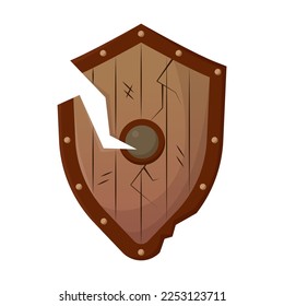 Medieval shield broken in battle. Shield, armor of warriors or Vikings isolated on white background. Fantasy concept for game design