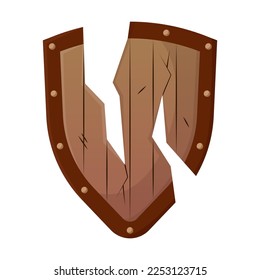 Escudo medieval roto en batalla. Armor de guerrero o vikingos aislados en blanco. Concepto de fantasía para el diseño de juegos