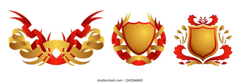 Medieval shield. Coats of arms. King and kingdom. Vector award emblem set.