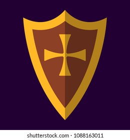 Medieval Shield Icon and Label. Flat style. Vector illustration logo.