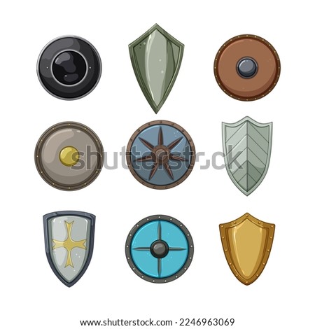 medieval shield set cartoon. metal old, antique emblem, protection security, crest aged, steel medieval shield vector illustration