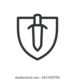Medieval shield with sword isolated icon, kingdom emblem vector symbol with editable stroke