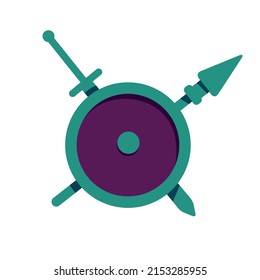 Protector medieval y objeto vector de color semiplano de espada. Elemento de tamaño completo sobre blanco. Armas de caballero en el campo de batalla. Ilustración simple de estilo de dibujos animados para diseño gráfico web y animación
