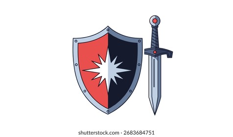 A medieval shield and sword stand ready for battle.