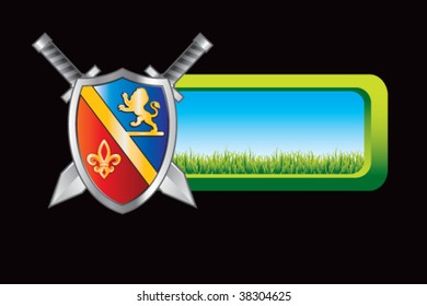 medieval shield and swords on countryside banner