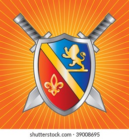 escudo medieval y espadas sobre el arrebato naranja