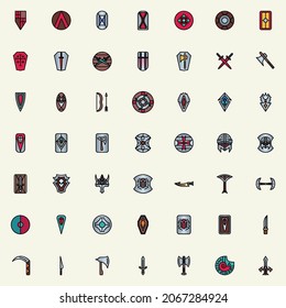 Medieval shield and weapons linear color icon.
Shield and weapons symbol isolated on white background.
Vector logo illustration for ui, web, mobile app.