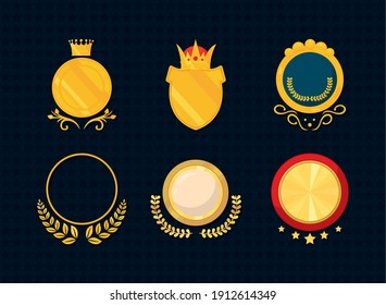 escudos medievales e iconos de insignias sobre fondo negro, diseño colorido, ilustración vectorial