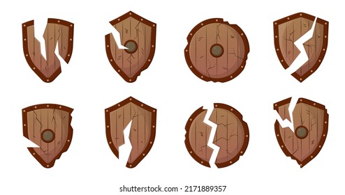 Escudos medievales rotos en ilustraciones vectoriales de batalla. Escudos de diferentes formas, armadura de guerreros o vikingos aislados en fondo blanco. Concepto de fantasía para el diseño de juegos