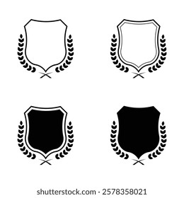 Medieval shields with laurel wreaths set. Trophy, awards, vintage insignia shields collection. Black color. Vector collection.	