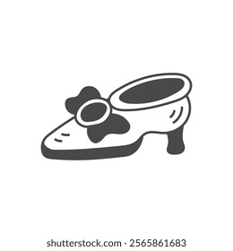 Medieval Shoe with Bow Icon. Hand drawn ancient boot with heel and tied ribbon. Outline vintage fashion vector illustration