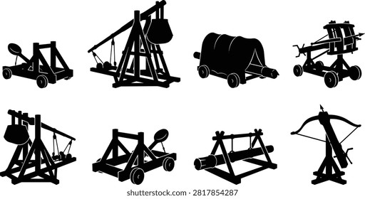 Medieval siege weapon silhouette vector collection featuring catapults, trebuchets, battering rams, and ballista designs