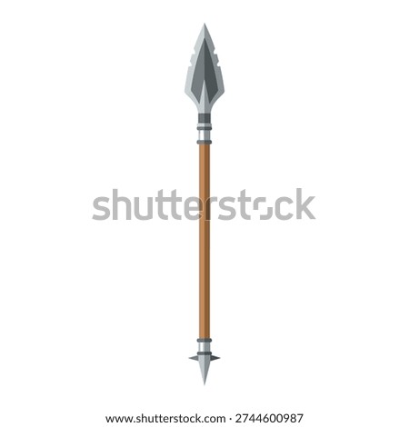 A medieval silver spearhead on a wooden handle with a pointed tip and butt spike, isolated on a white background.