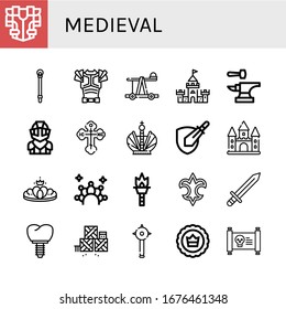 medieval simple icons set. Contains such icons as Armour, Sceptre, Armor, Catapult, Castle, Anvil, Knight, Orthodox cross, Crown, Rpg game, can be used for web, mobile and logo