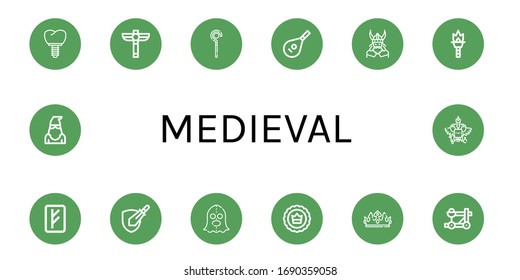 iconos medievales simples conjunto. Contiene iconos tales como Corona, Scepter, Scepter, Lute, Viking, Torch, Rune, juego Rpg, Ejecutor, Catapult, Escudo de armas, puede ser usado para web, móvil y logotipo