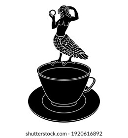 Medieval Siren or harpy standing on rim of tea or coffee cup. Half bird half woman. Creative funny beverage concept. Black and white silhouette.