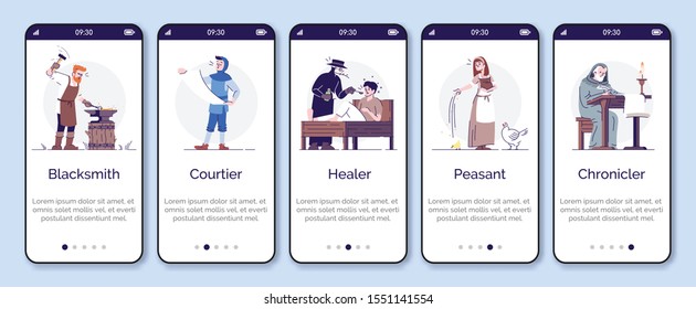 Medieval social groups onboarding mobile app page screen vector template. Walkthrough website steps with flat characters. Middle Age personages. UX, UI, GUI smartphone cartoon interface concept