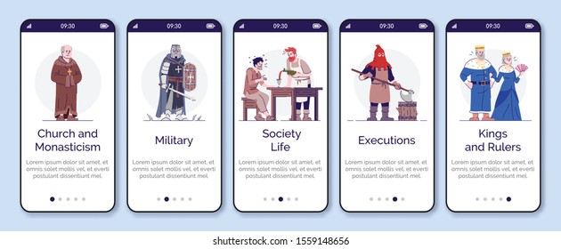 Medieval social structure onboarding mobile app page screen vector template. Walkthrough website steps with flat characters. Middle Age personages. UX, UI, GUI smartphone cartoon interface concept