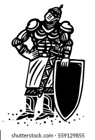 Medieval soldier with shield, posing