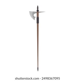 Lanza medieval con cuchilla de hacha diseño de dibujos animados de armas de combate antiguas aisladas sobre fondo blanco