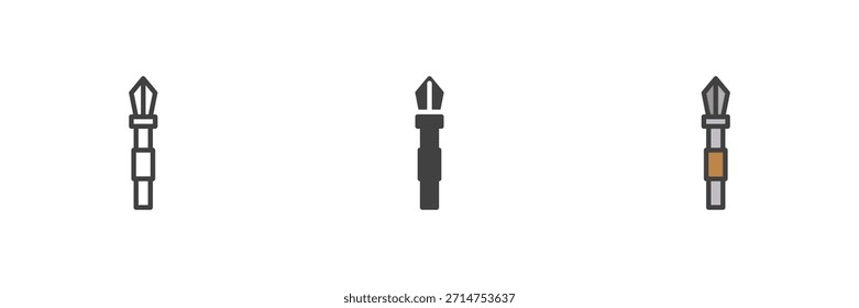 Medieval spear long weapon different style icon set. Line, filled outline and solid color vector icon. Polearm symbol, battle sign, infantry weapon icon.