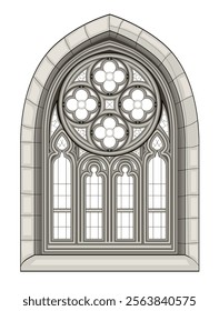 Medieval stained glass window located in Pont-lAbbe. The Notre-Dame-des-Carmes Church. Gothic architectural style. Architecture in France churches. Middle ages in Western Europe. Vector drawing.