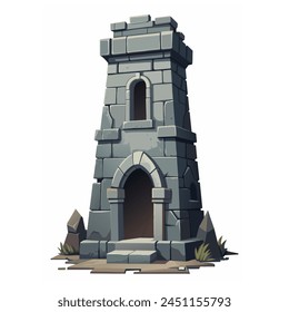 Medieval stone brick tower building. Castle gatehouse, fort, watchtower Stone building Game rpg city element. Ancient kingdom fortress. Old citadel donjon. Cartoon vector art, gray stone brick tower.