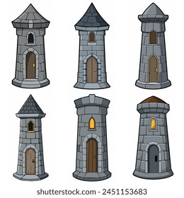 Medieval stone brick tower buildings. Castle gatehouse, fort, watchtower Stone building Game rpg city element. Ancient kingdom fortress. Old citadel donjon. Cartoon vector set, gray stone brick towers