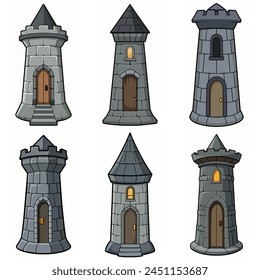 Medieval stone brick tower buildings. Castle gatehouse, fort, watchtower Stone building Game rpg city element. Ancient kingdom fortress. Old citadel donjon. Cartoon vector set, gray stone brick towers