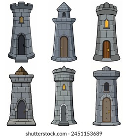 Medieval stone brick tower buildings. Castle gatehouse, fort, watchtower Stone building Game rpg city element. Ancient kingdom fortress. Old citadel donjon. Cartoon vector set, gray stone brick towers