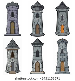 Medieval stone brick tower buildings. Castle gatehouse, fort, watchtower Stone building Game rpg city element. Ancient kingdom fortress. Old citadel donjon. Cartoon vector set, gray stone brick towers