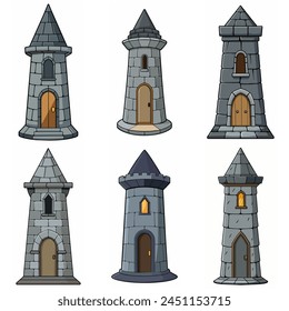 Medieval stone brick tower buildings. Castle gatehouse, fort, watchtower Stone building Game rpg city element. Ancient kingdom fortress. Old citadel donjon. Cartoon vector set, gray stone brick towers