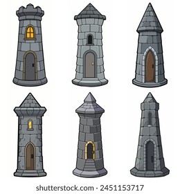 Medieval stone brick tower buildings. Castle gatehouse, fort, watchtower Stone building Game rpg city element. Ancient kingdom fortress. Old citadel donjon. Cartoon vector set, gray stone brick towers