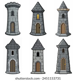 Medieval stone brick tower buildings. Castle gatehouse, fort, watchtower Stone building Game rpg city element. Ancient kingdom fortress. Old citadel donjon. Cartoon vector set, gray stone brick towers