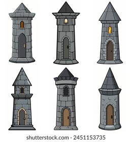 Medieval stone brick tower buildings. Castle gatehouse, fort, watchtower Stone building Game rpg city element. Ancient kingdom fortress. Old citadel donjon. Cartoon vector set, gray stone brick towers