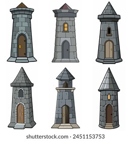 Medieval stone brick tower buildings. Castle gatehouse, fort, watchtower Stone building Game rpg city element. Ancient kingdom fortress. Old citadel donjon. Cartoon vector set, gray stone brick towers